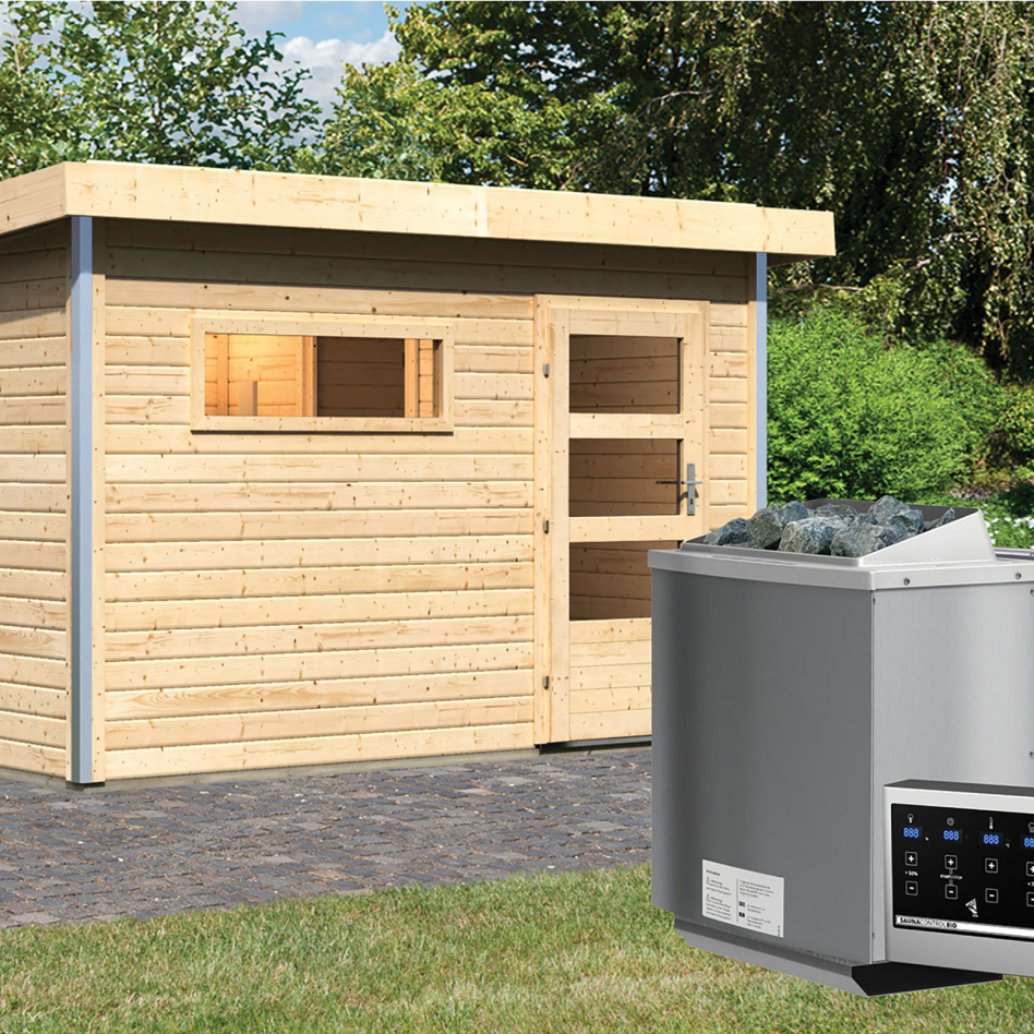 Karibu maison de sauna Skrollan 1 naturel (non traité), 9 kW cmd ext. Easy Bio, vitrage claire
