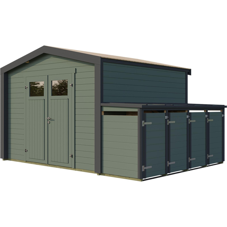 weka Gartenhaus Killarney Graugrün-Anthrazit inkl. 4er Mülltonnenbox, Nein, 1/4 verglast,300x300 cm