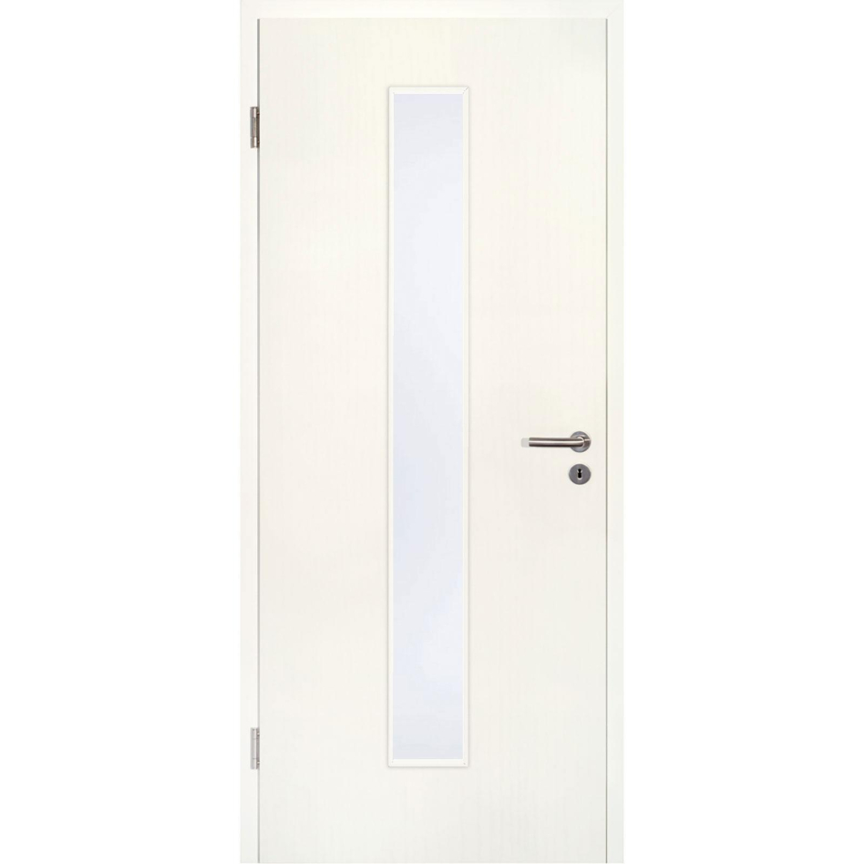 Kilsgaard Zimmertür mit Lichtausschnitt/Glas schmal mittig Esche weiß Lamikor Typ 43/LA05 Rundkante, DIN Links, 735x1985 mm,Satinato (ESG)