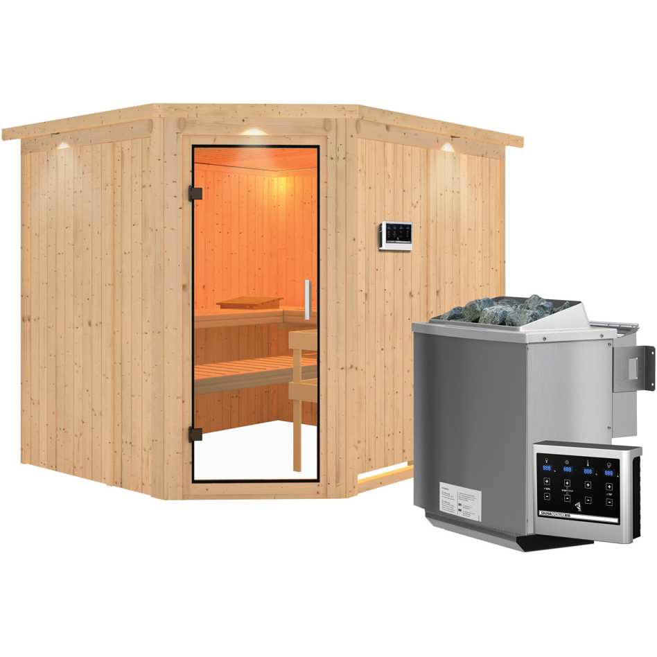 Karibu Sauna Malin, 9 kW cmd ext. Easy Bio, avec costière de toiture,Porte tout verre,vitrage claire