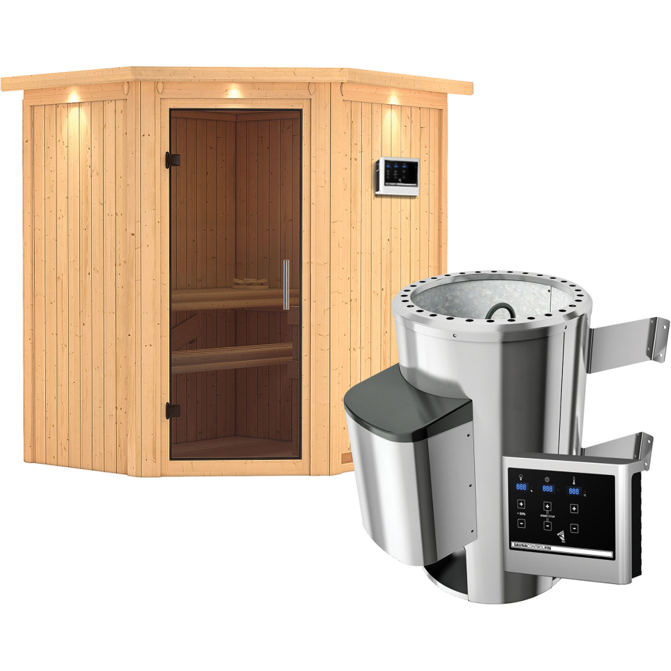 Karibu Sauna Tonja, Easy Finnisch 3,6 kW Ofen, avec costière de toiture,graphit,Porte tout verre