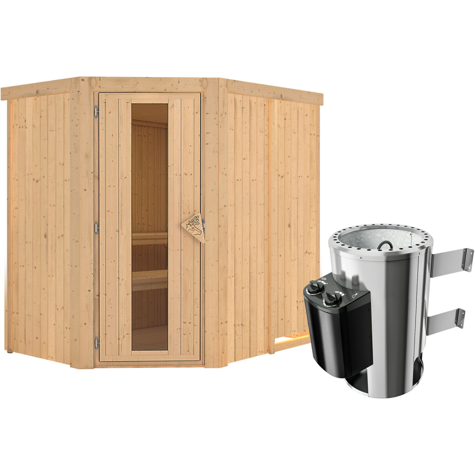 Sauna Karibu Saja, 3,6 kW Ofen, Plug&Play int. Steuerung, Porte en bois avec vitrage isolant,sans corniche,vitrage claire
