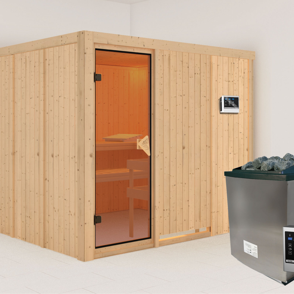 Karibu Sauna Gobin, 9 kW cmd ext. Easy Finnisch, bronzé,Porte tout verre,sans corniche