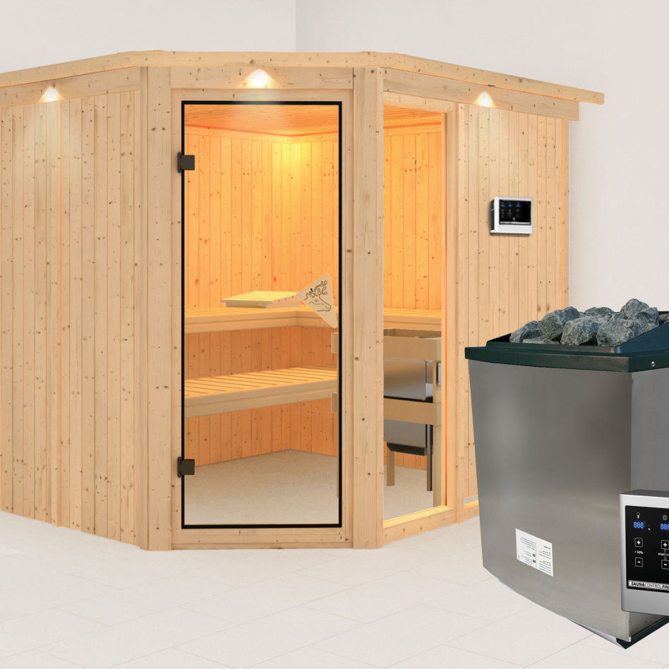 Karibu Sauna Fiona 3, 9 kW cmd ext. Easy Finnisch, avec costière de toiture