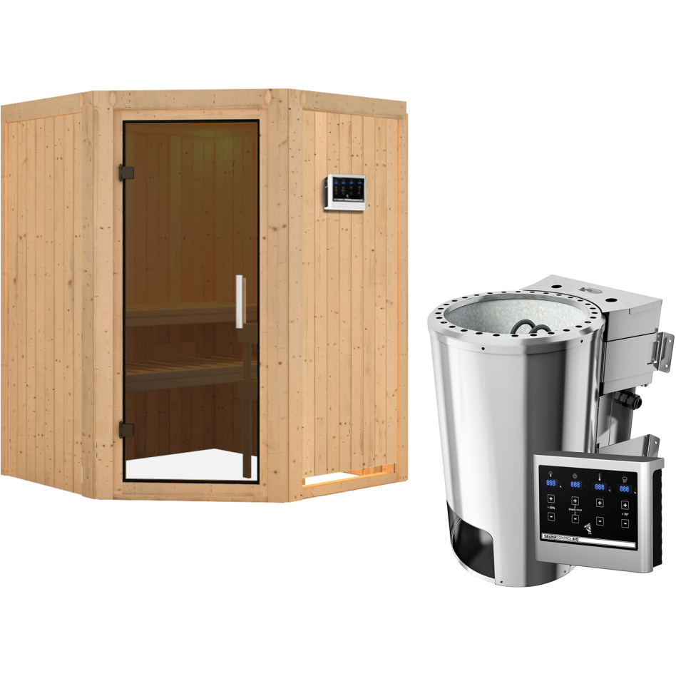 Karibu Sauna Nanja, Easy Bio 3,6 kW Ofen, graphit,Porte tout verre,sans corniche