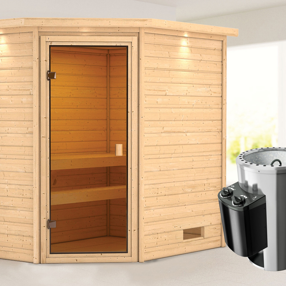 Sauna Karibu Woodfeeling Jella, 3,6 kW Ofen, Plug&Play int. Steuerung, avec costière de toiture