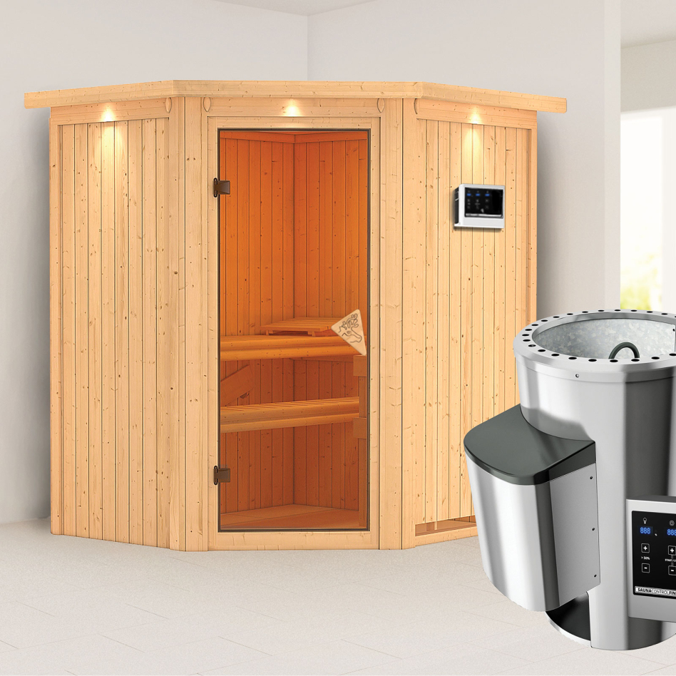 Karibu Sauna Tonja, Easy Finnisch 3,6 kW Ofen, avec costière de toiture,bronzé,Porte tout verre
