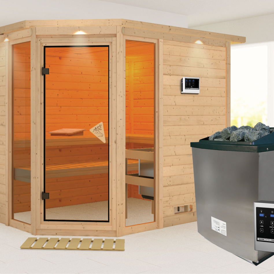 Karibu Sauna Sinai 3, 9 kW cmd ext. Easy Finnisch, avec costière de toiture