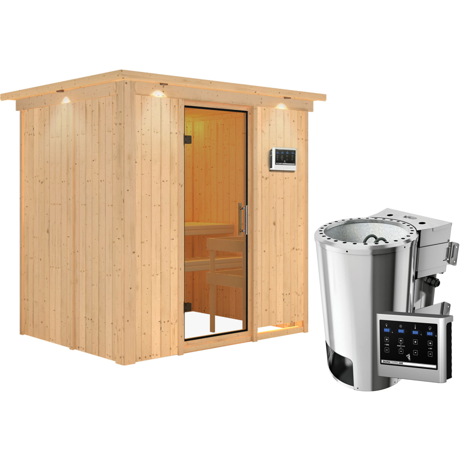 Karibu Sauna Fanja, Easy Bio 3,6 kW Ofen, avec costière de toiture,Porte tout verre,vitrage claire