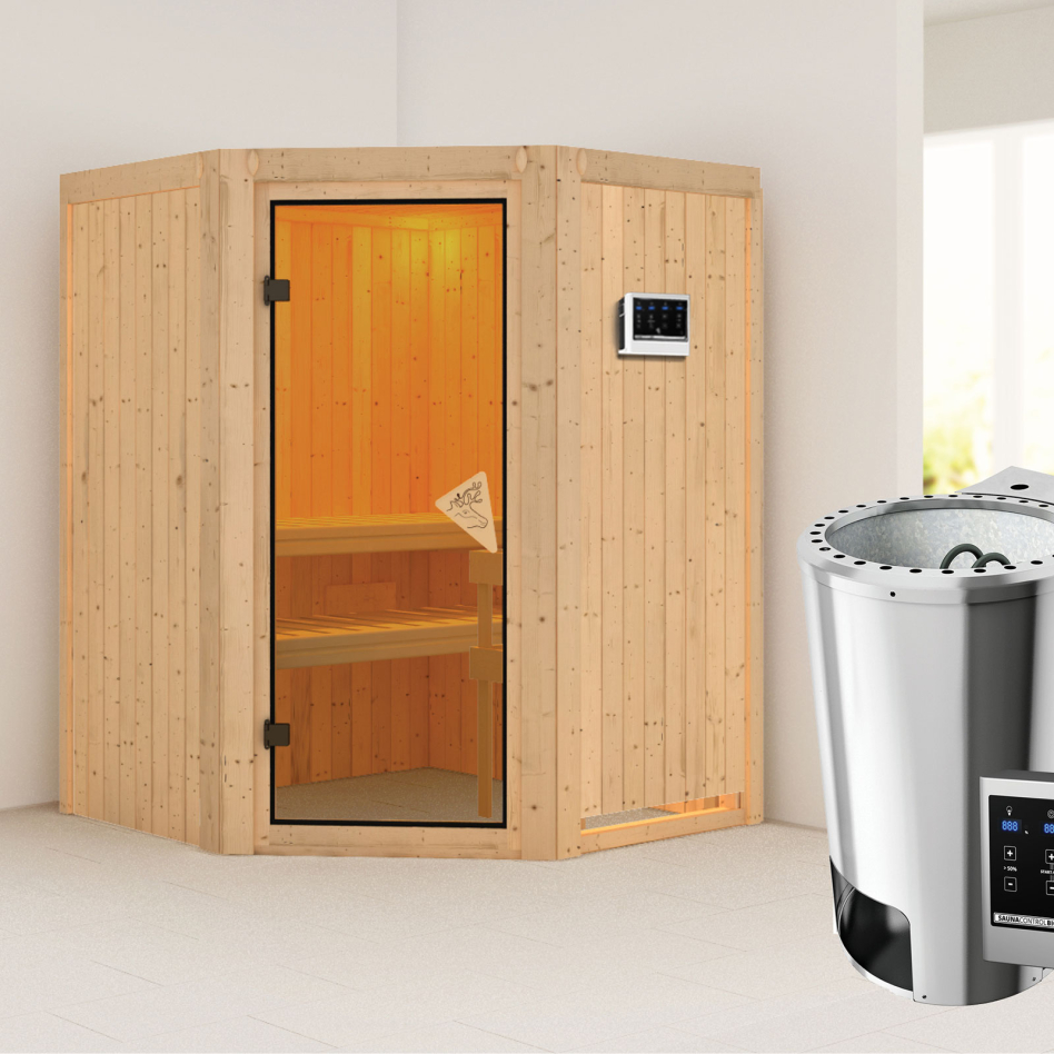 Karibu Sauna Nanja, Easy Bio 3,6 kW Ofen, bronzé,Porte tout verre,sans corniche