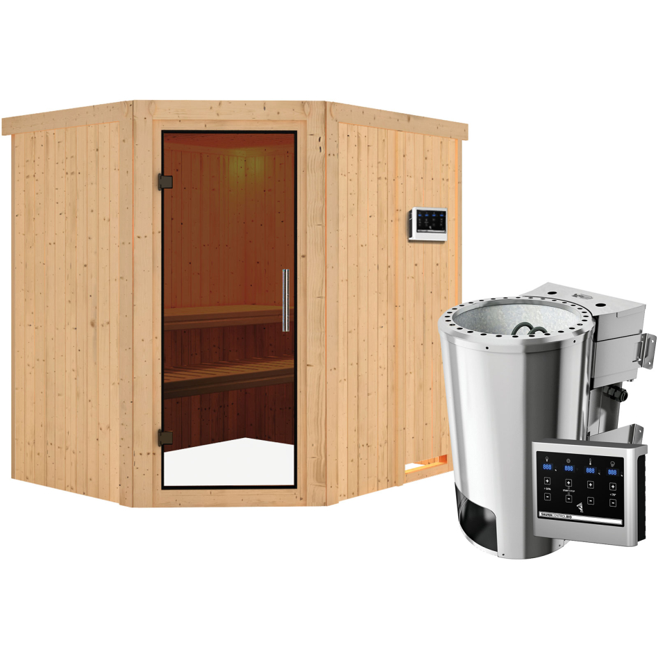 Sauna Karibu Lilja, Easy Bio 3,6 kW Ofen, graphit,Porte tout verre,sans corniche