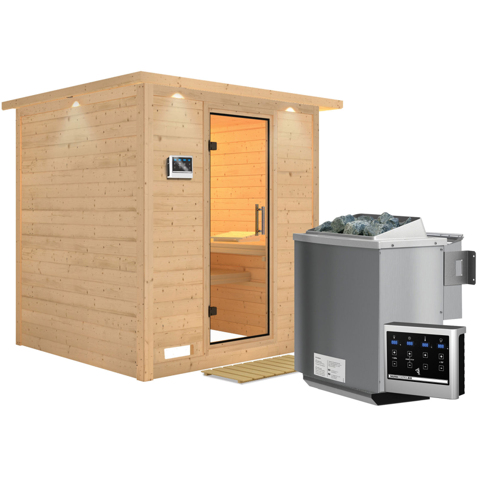 Karibu Sauna Mojave, 9 kW cmd ext. Easy Bio, avec costière de toiture,Porte tout verre,vitrage claire