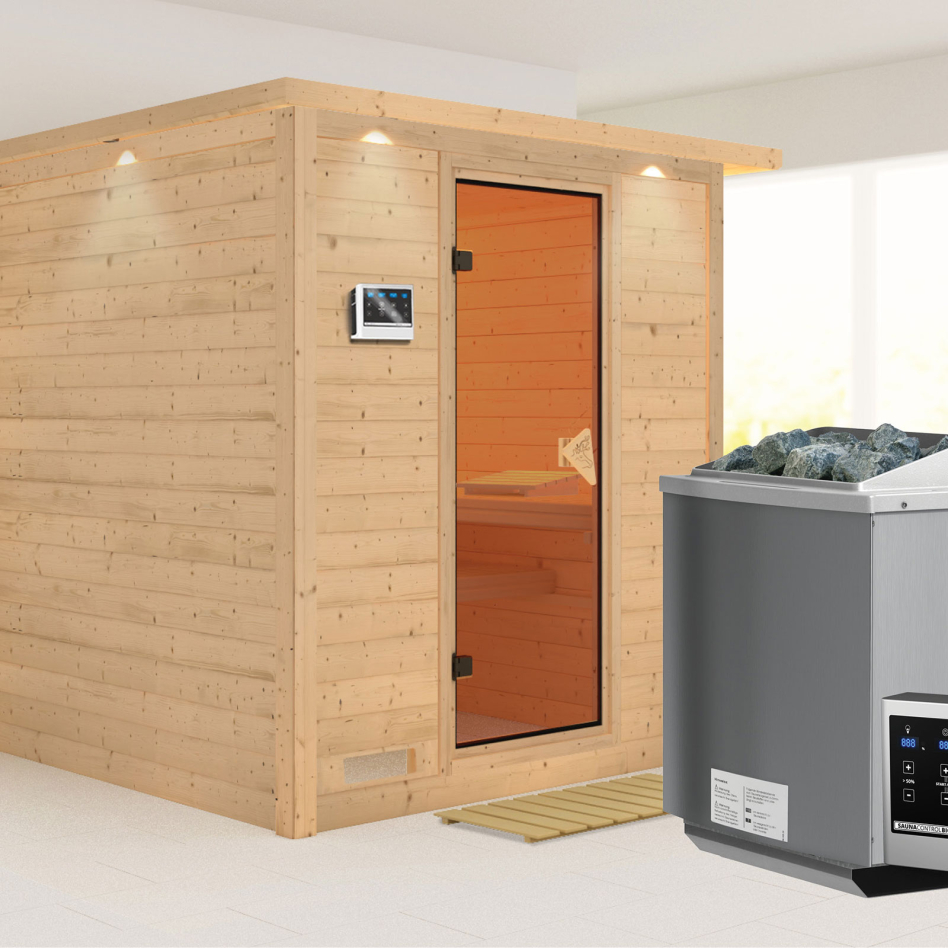 Karibu Sauna Mojave, 9 kW cmd ext. Easy Bio, avec costière de toiture,bronzé,Porte tout verre