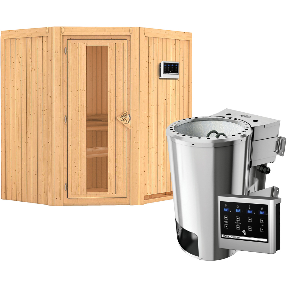 Karibu Sauna Tonja, Easy Bio 3,6 kW Ofen, Porte en bois avec vitrage isolant,sans corniche,vitrage claire