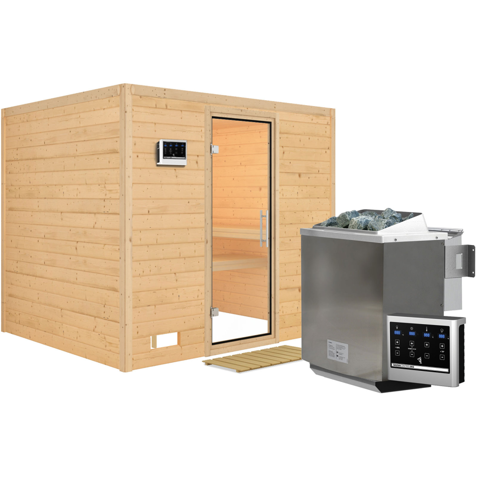 Karibu Sauna Sonara, 9 kW cmd ext. Easy Bio, Porte tout verre,sans corniche,vitrage claire