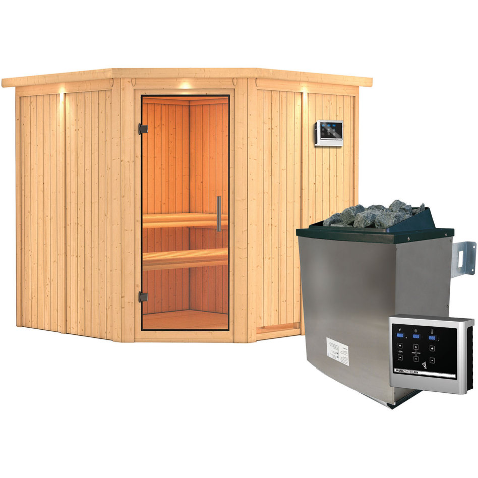 Karibu Sauna Jarin, 9 kW cmd ext. Easy Finnisch, avec costière de toiture,Porte tout verre,vitrage claire