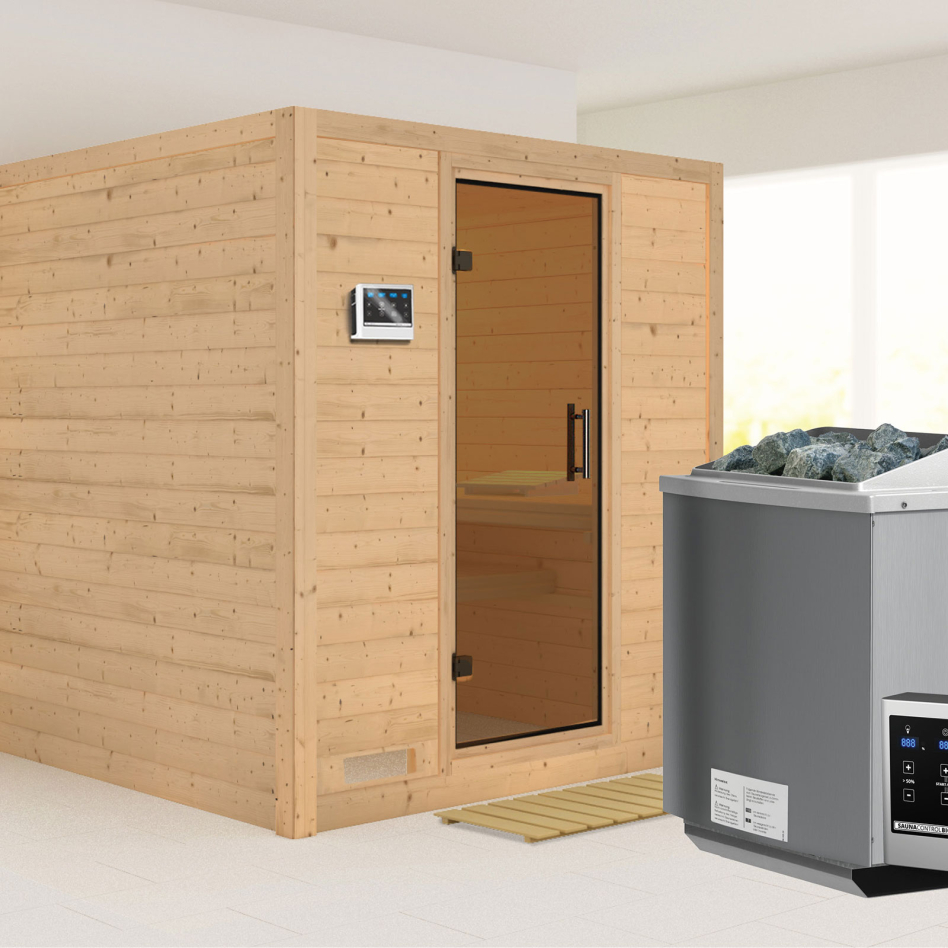 Karibu Sauna Mojave, 9 kW cmd ext. Easy Bio, graphit,Porte tout verre,sans corniche
