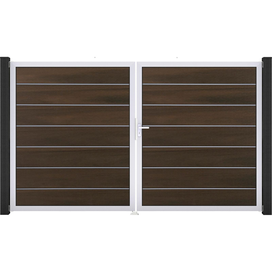 Portail double GroJa Solid Grande Premium à lames emboîtables noyer co-extrudé, DIN gauche, argent EV1