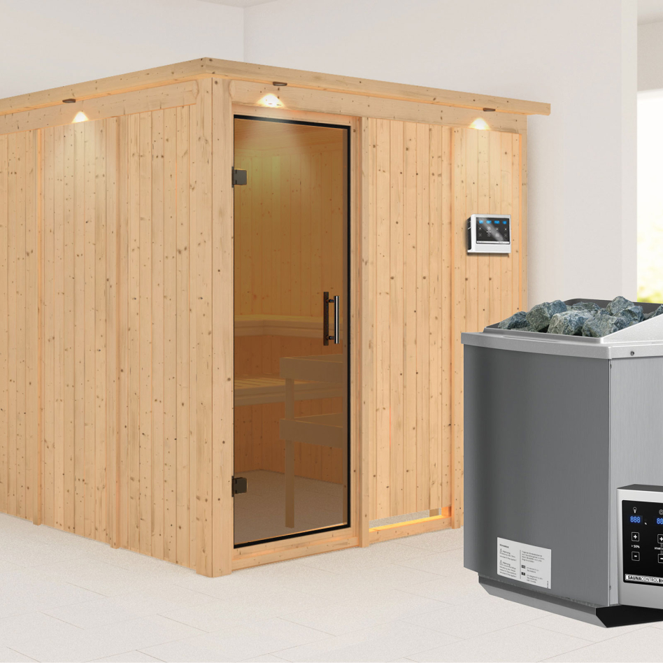 Karibu Sauna Rodin, 9 kW cmd ext. Easy Bio, avec costière de toiture,graphit,Porte tout verre