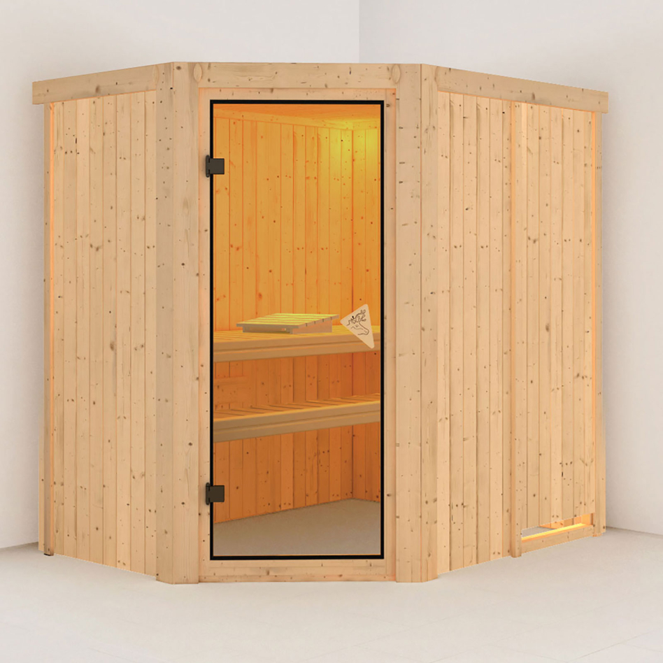 Sauna Karibu Saja, sans poêle, bronzé,Porte tout verre,sans corniche