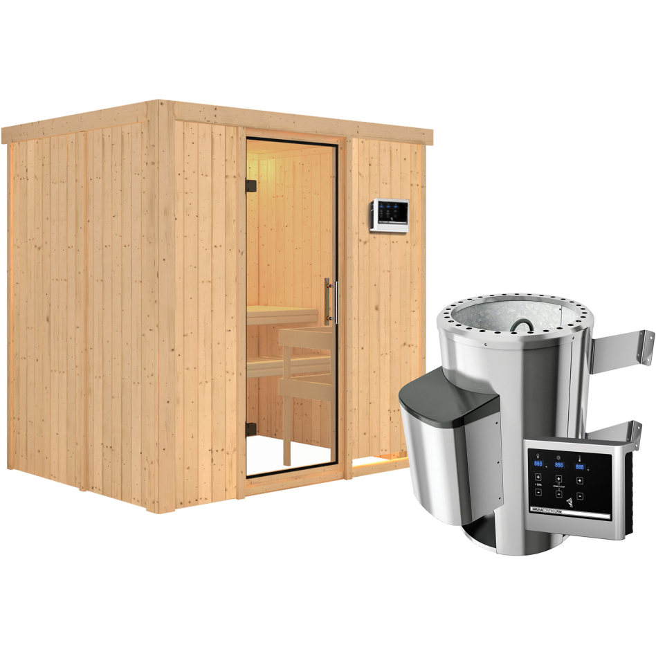 Karibu Sauna Fanja, Easy Finnisch 3,6 kW Ofen, Porte tout verre,sans corniche,vitrage claire