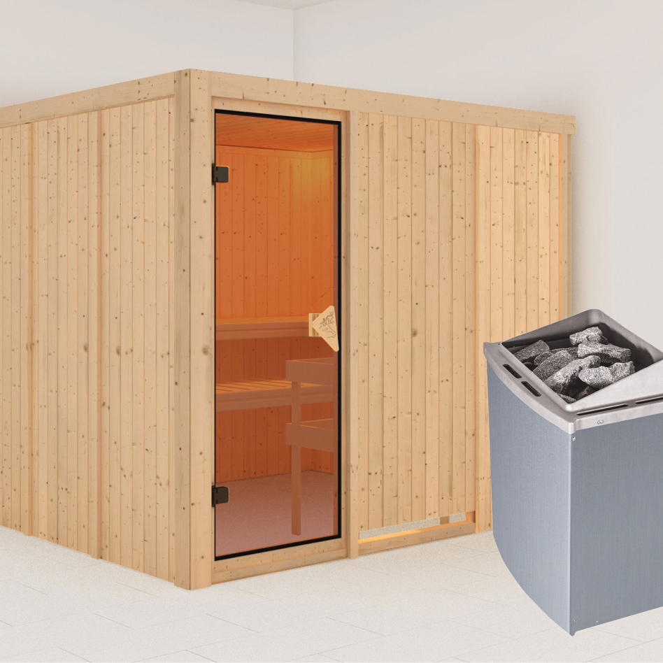 Karibu Sauna Gobin, 9 kW cmd intégrée, bronzé,Porte tout verre,sans corniche