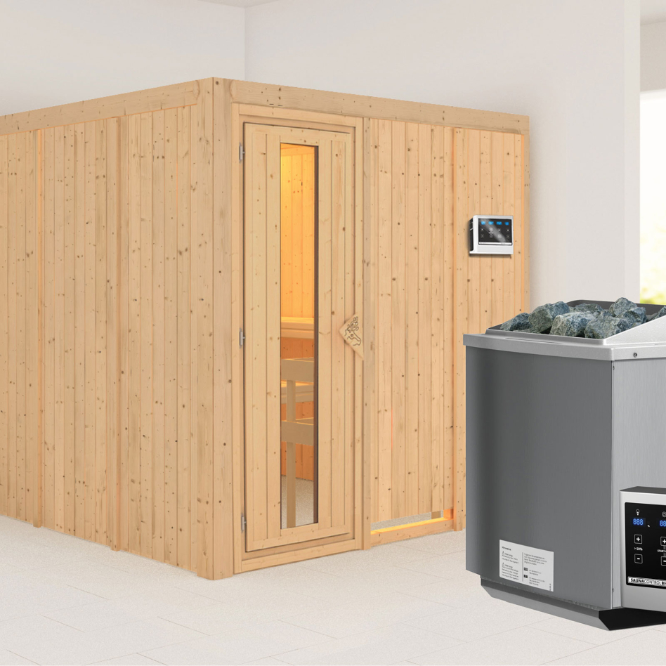Karibu Sauna Rodin, 9 kW cmd ext. Easy Bio, Porte en bois avec vitrage isolant,sans corniche,vitrage claire