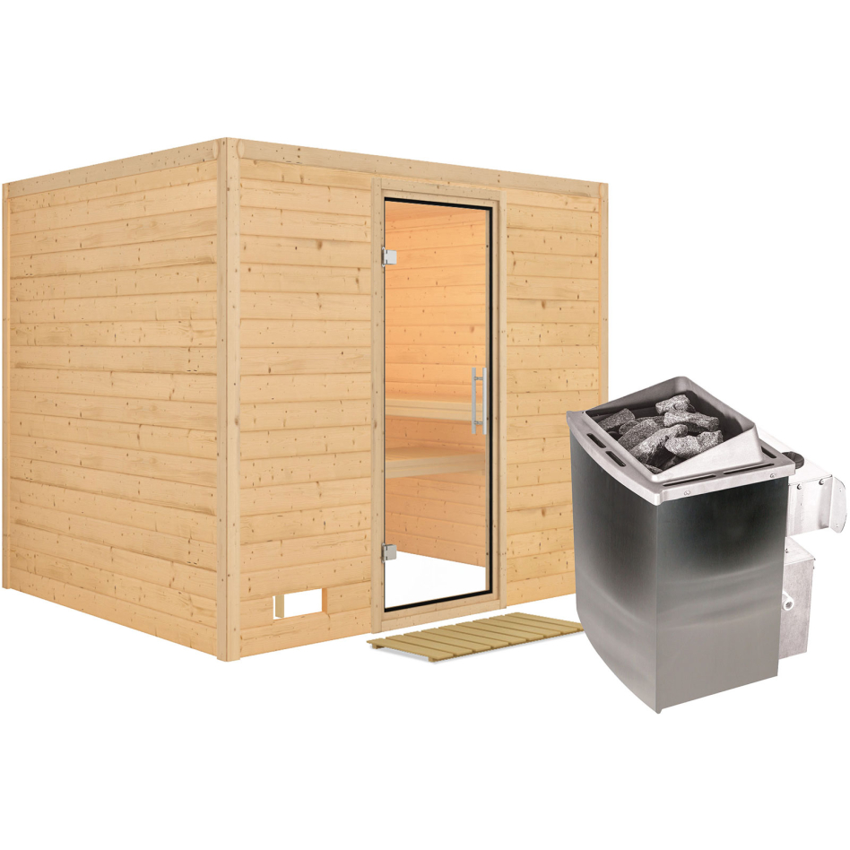 Karibu Sauna Sonara, 9 kW cmd intégrée, Porte tout verre,sans corniche,vitrage claire
