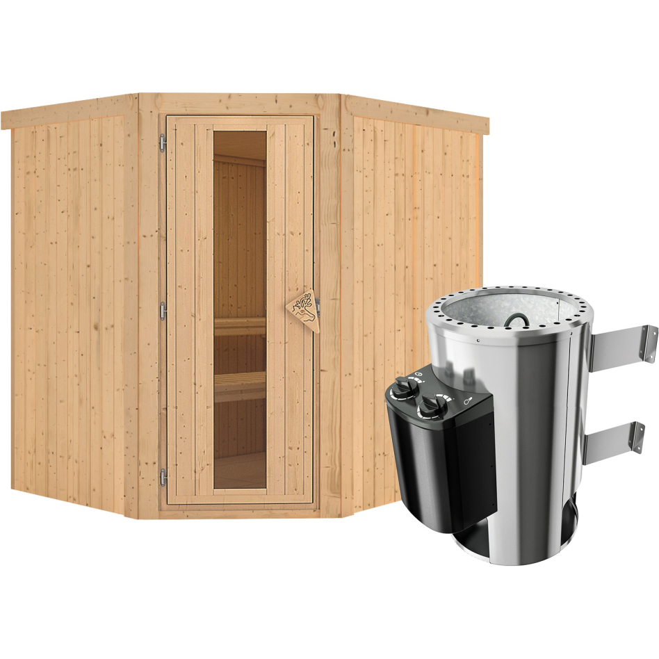 Sauna Karibu Lilja, 3,6 kW Ofen, Plug&Play int. Steuerung, Porte en bois avec vitrage isolant,sans corniche,vitrage claire