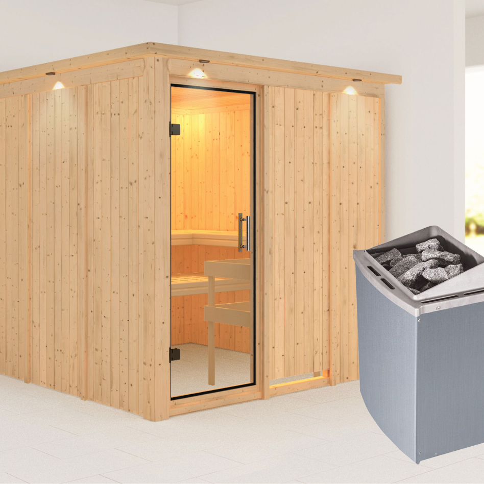 Karibu Sauna Rodin, 9 kW cmd intégrée, avec costière de toiture,Porte tout verre,vitrage claire