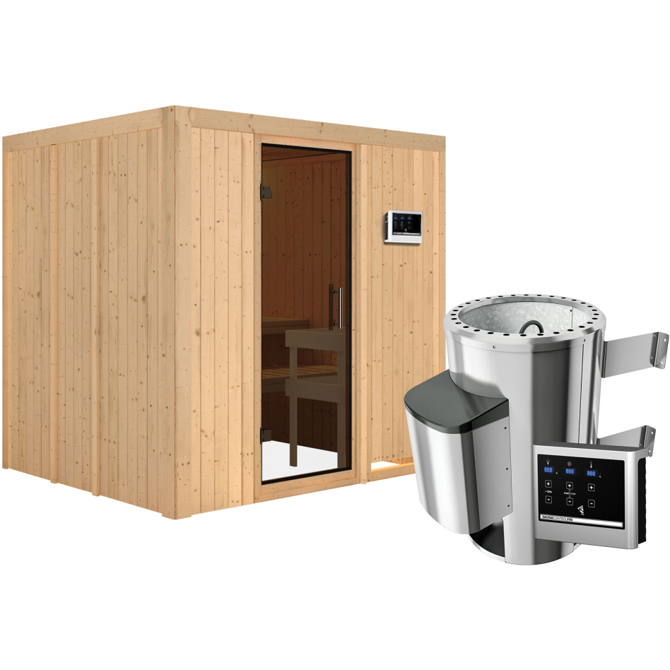 Sauna Karibu Daria, Easy Finnisch 3,6 kW Ofen, graphit,Porte tout verre,sans corniche