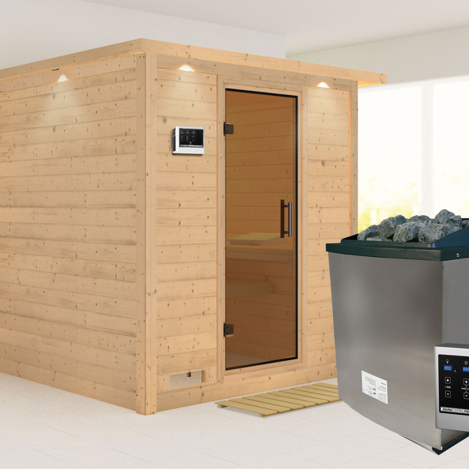 Karibu Sauna Mojave, 9 kW cmd ext. Easy Finnisch, avec costière de toiture,graphit,Porte tout verre