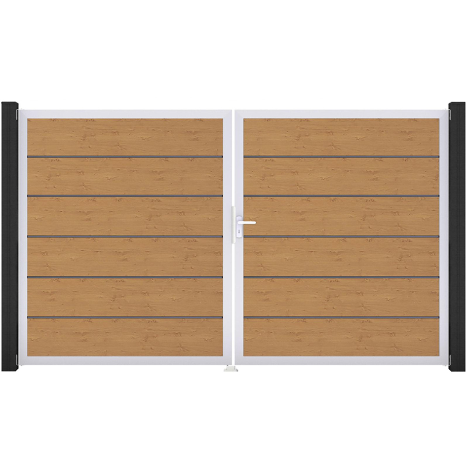 Portail double clôture à lames GroJa BasicLine Premium PVC chêne naturel, DIN droite, argent EV1
