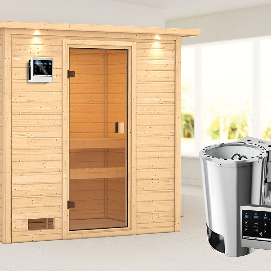 Sauna Karibu Woodfeeling Selena, Easy Bio 3,6 kW Ofen, avec costière de toiture