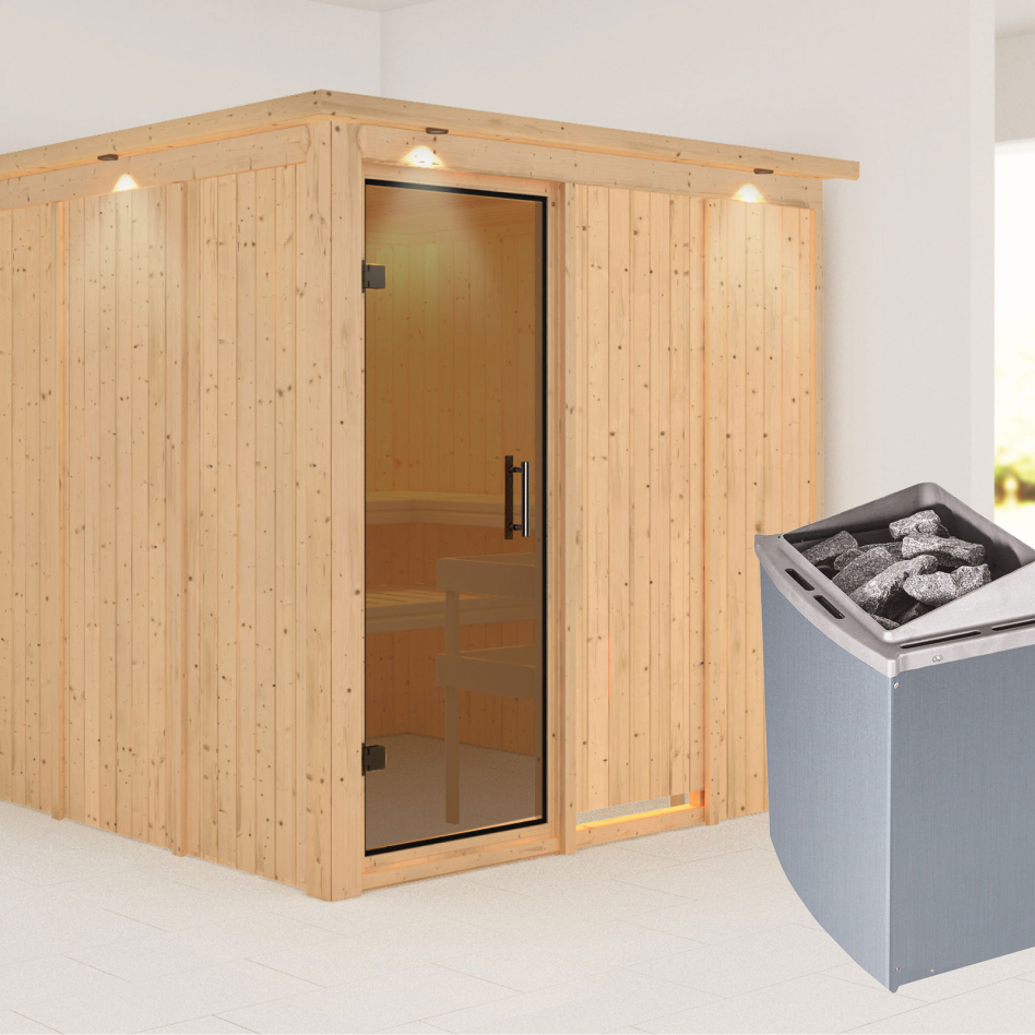 Karibu Sauna Rodin, 9 kW cmd intégrée, avec costière de toiture,graphit,Porte tout verre