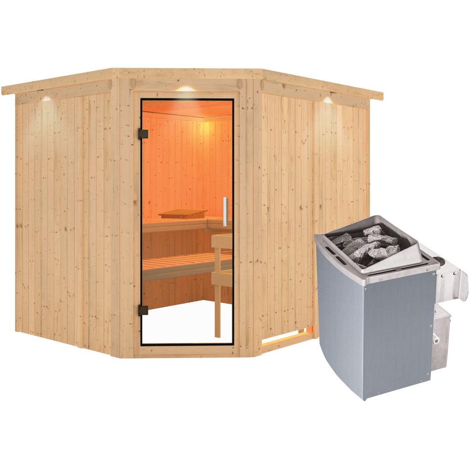 Karibu Sauna Malin, 9 kW cmd intégrée, avec costière de toiture,Porte tout verre,vitrage claire