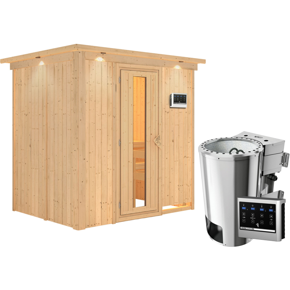 Karibu Sauna Fanja, Easy Bio 3,6 kW Ofen, avec costière de toiture,Porte en bois avec vitrage isolant,vitrage claire