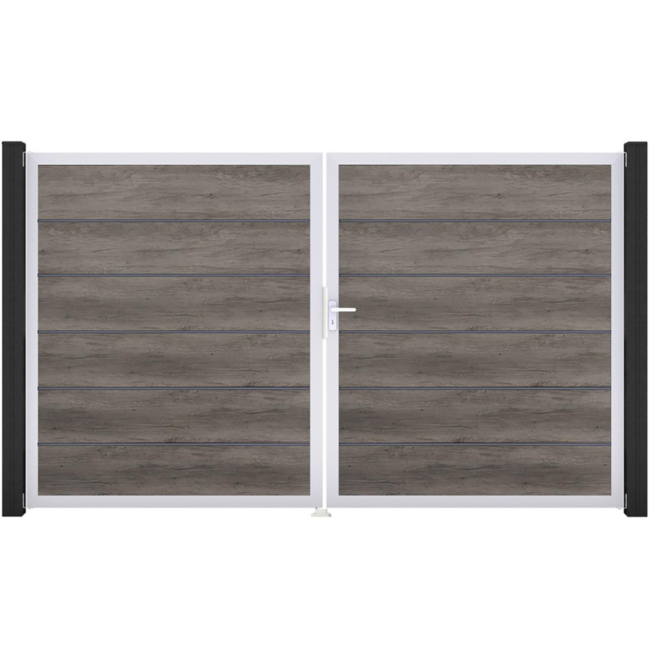 GroJa Doppeltor BasicLine Premium PVC-Steckzaun Monument Oak , DIN Rechts, Silber EV1