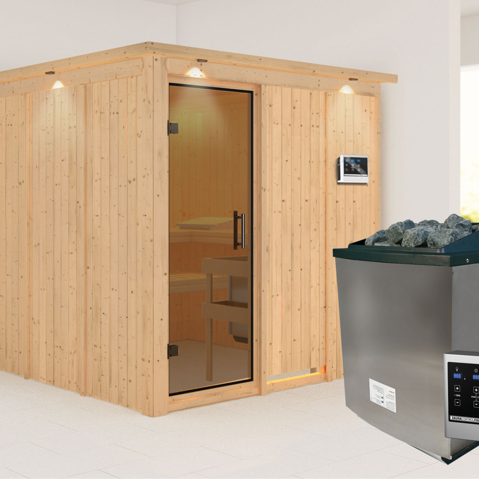 Karibu Sauna Rodin, 9 kW cmd ext. Easy Finnisch, avec costière de toiture,graphit,Porte tout verre