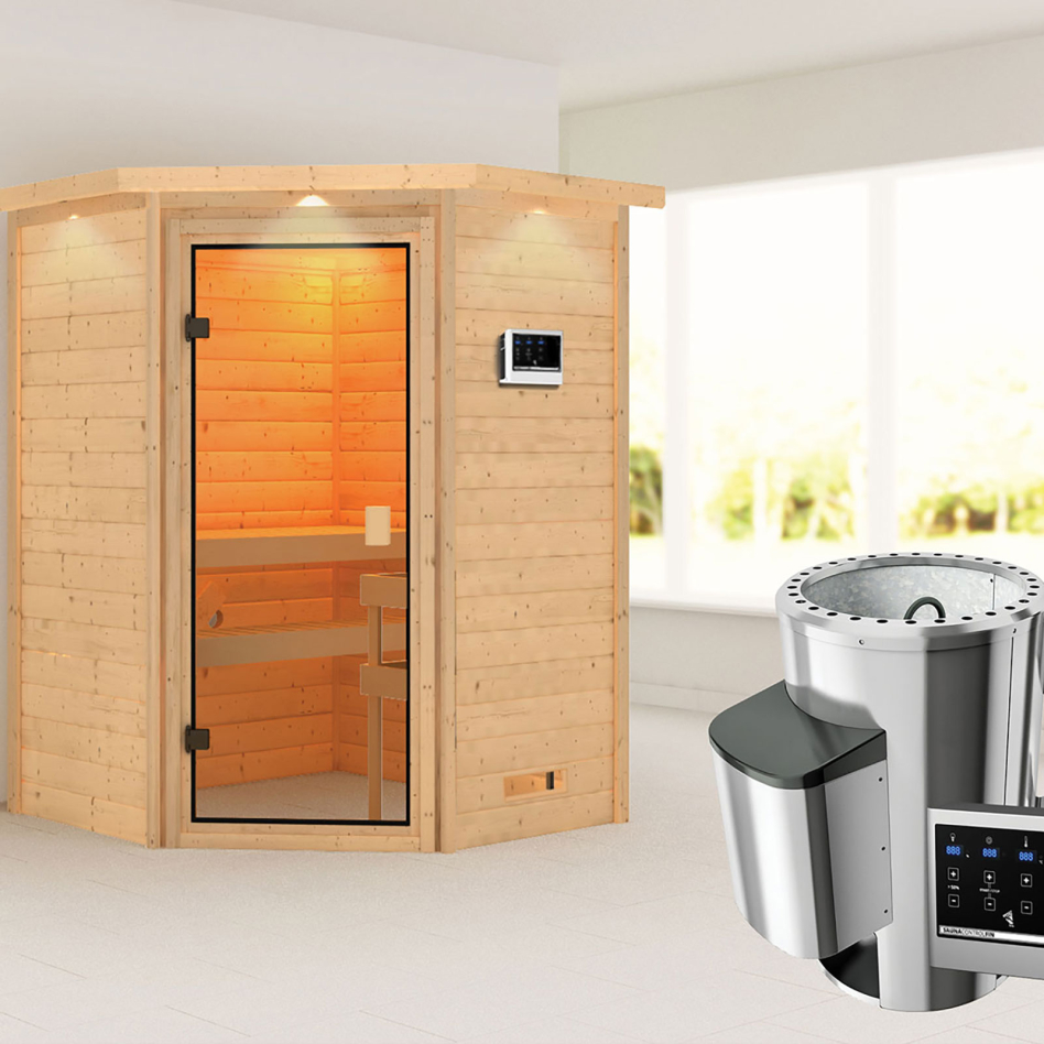Sauna Karibu Woodfeeling Antonia, Easy Finnisch 3,6 kW Ofen, avec costière de toiture