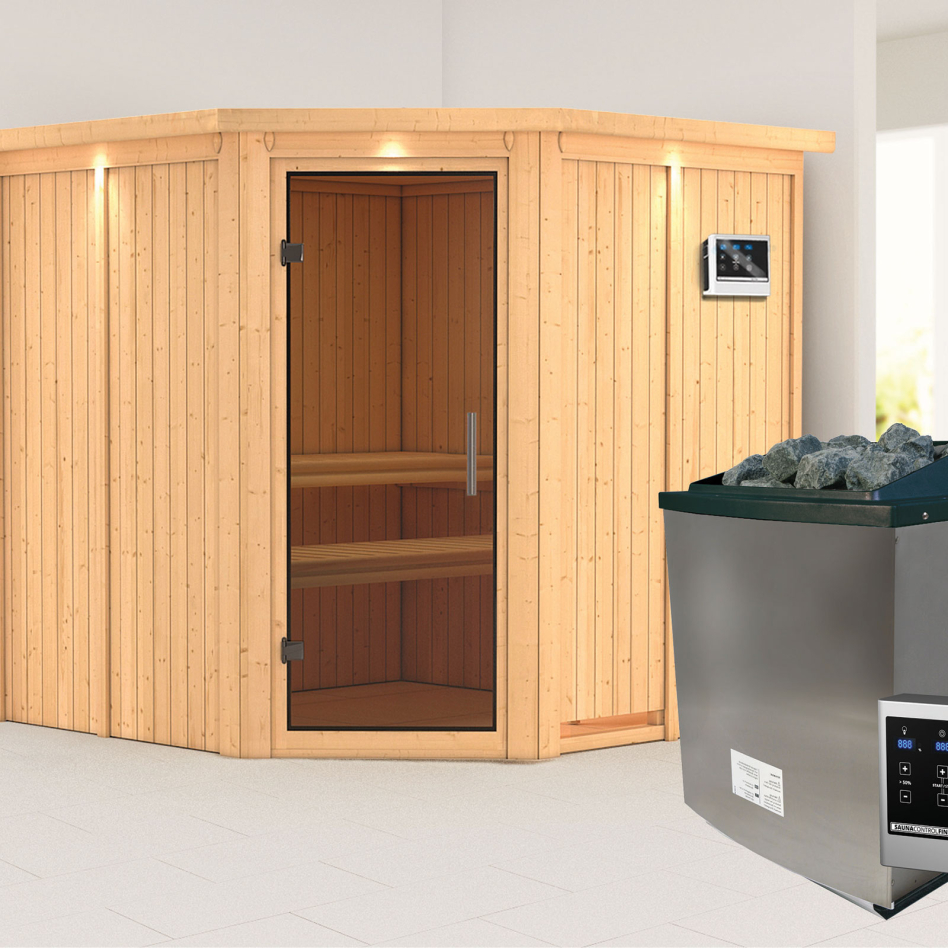 Karibu Sauna Jarin, 9 kW cmd ext. Easy Finnisch, avec costière de toiture,graphit,Porte tout verre