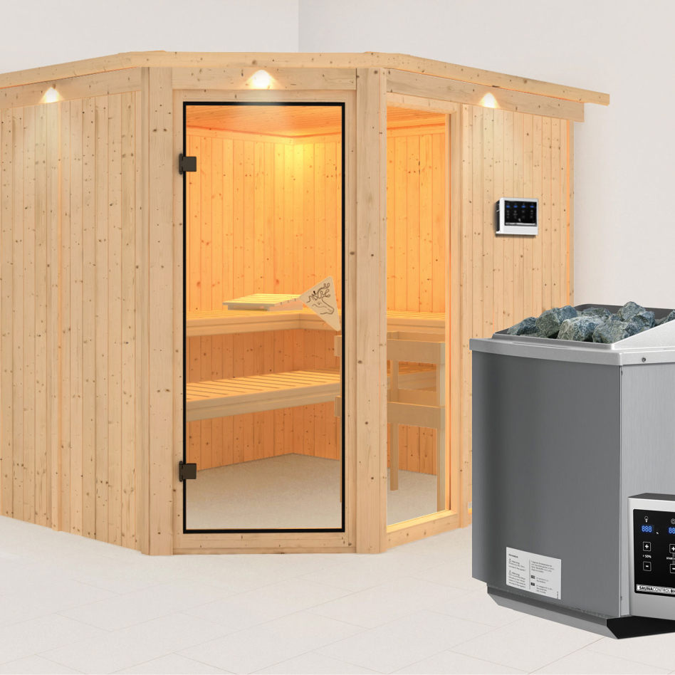 Karibu Sauna Fiona 3, 9 kW cmd ext. Easy Bio, avec costière de toiture