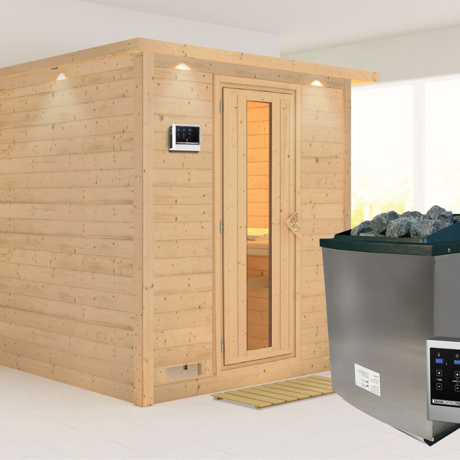 Karibu Sauna Mojave, 9 kW cmd ext. Easy Finnisch, avec costière de toiture,Porte en bois avec vitrage isolant,vitrage claire
