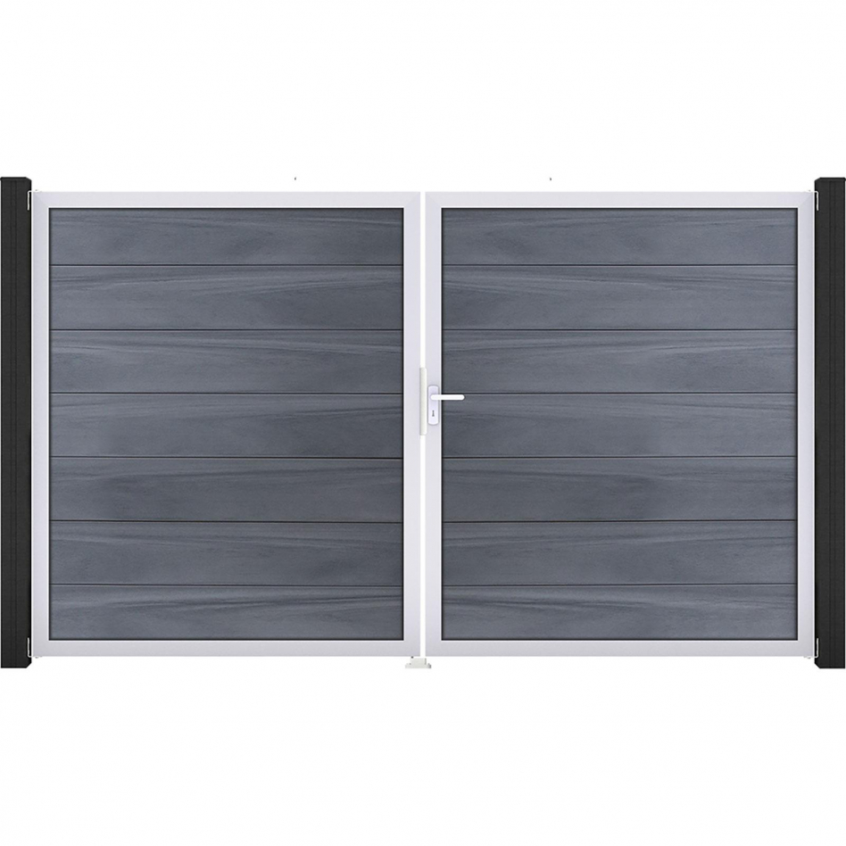 GroJa Doppeltor Solid Grande Steckzaun Steingrau co-extrudiert, DIN Rechts, Silber EV1