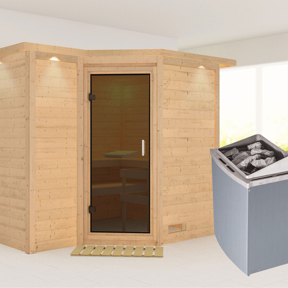 Karibu Sauna Sahib 2, 9 kW cmd intégrée, avec costière de toiture,graphit,Porte tout verre