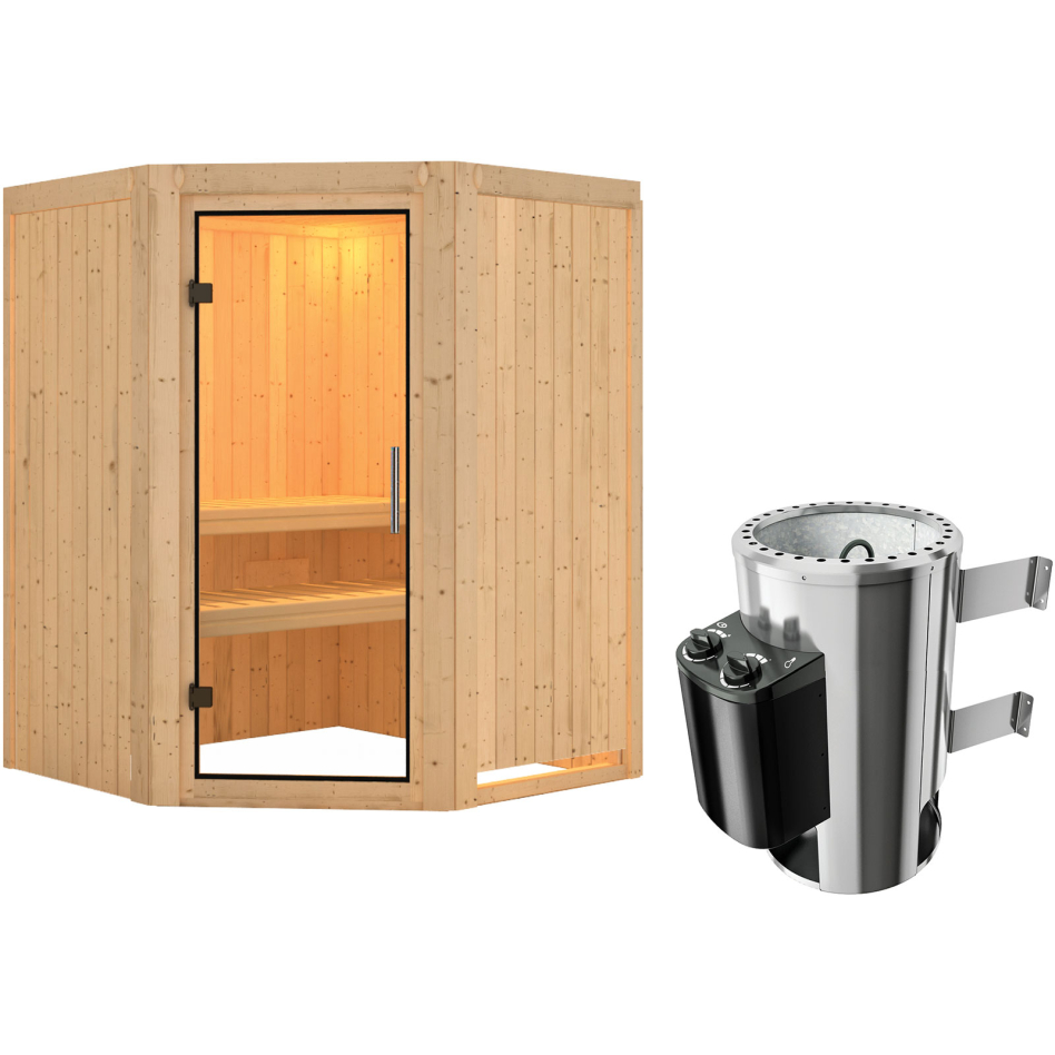 Karibu Sauna Nanja, 3,6 kW Ofen, Plug&Play int. Steuerung, Porte tout verre,sans corniche,vitrage claire