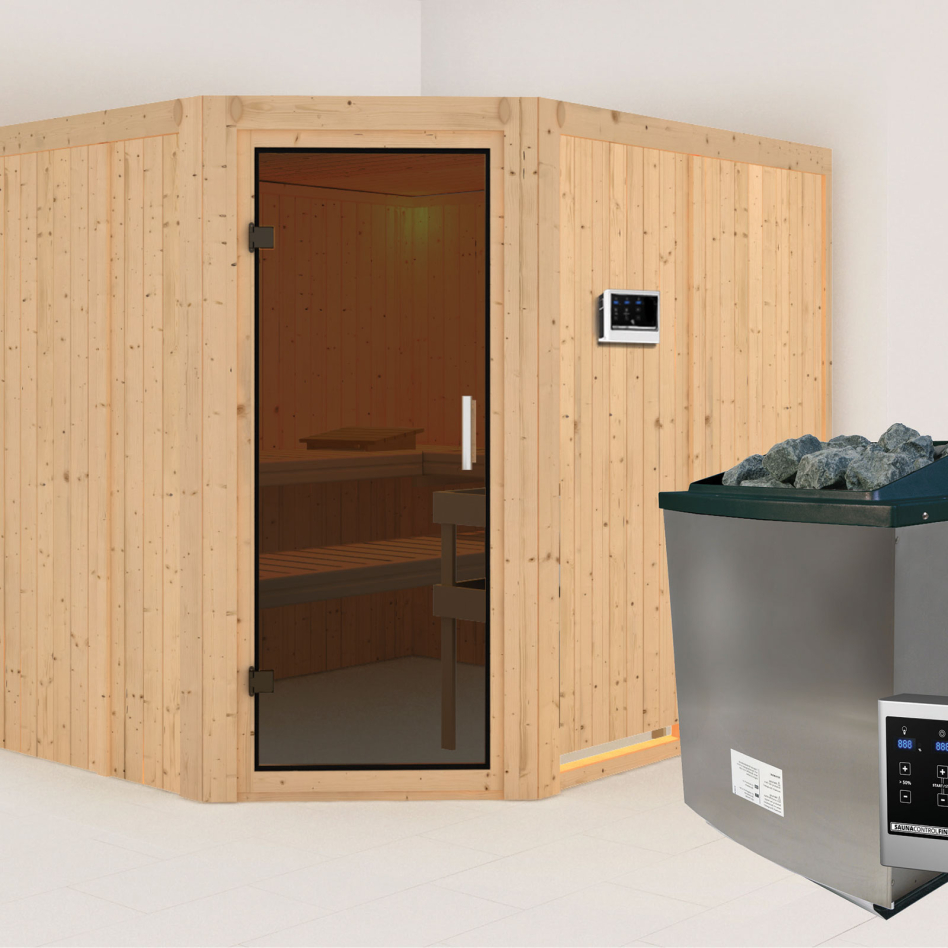 Karibu Sauna Malin, 9 kW cmd ext. Easy Finnisch, graphit,Porte tout verre,sans corniche