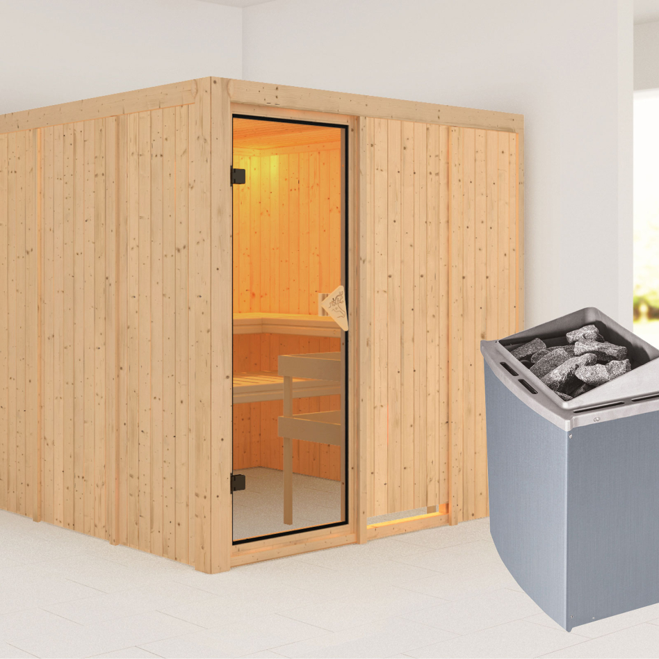 Karibu Sauna Rodin, 9 kW cmd intégrée, bronzé,Porte tout verre,sans corniche