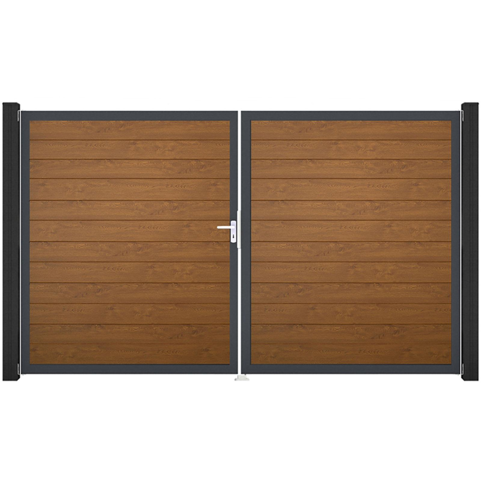 Portail double clôture à lames GroJa BasicLine étroit PVC, couleur golden oak, DIN gauche, anthracite DB 703