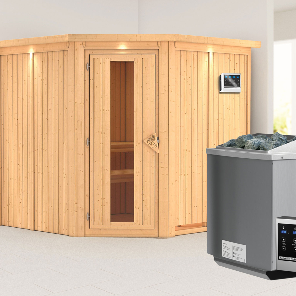 Karibu Sauna Jarin, 9 kW cmd ext. Easy Bio, avec costière de toiture,Porte en bois avec vitrage isolant,vitrage claire